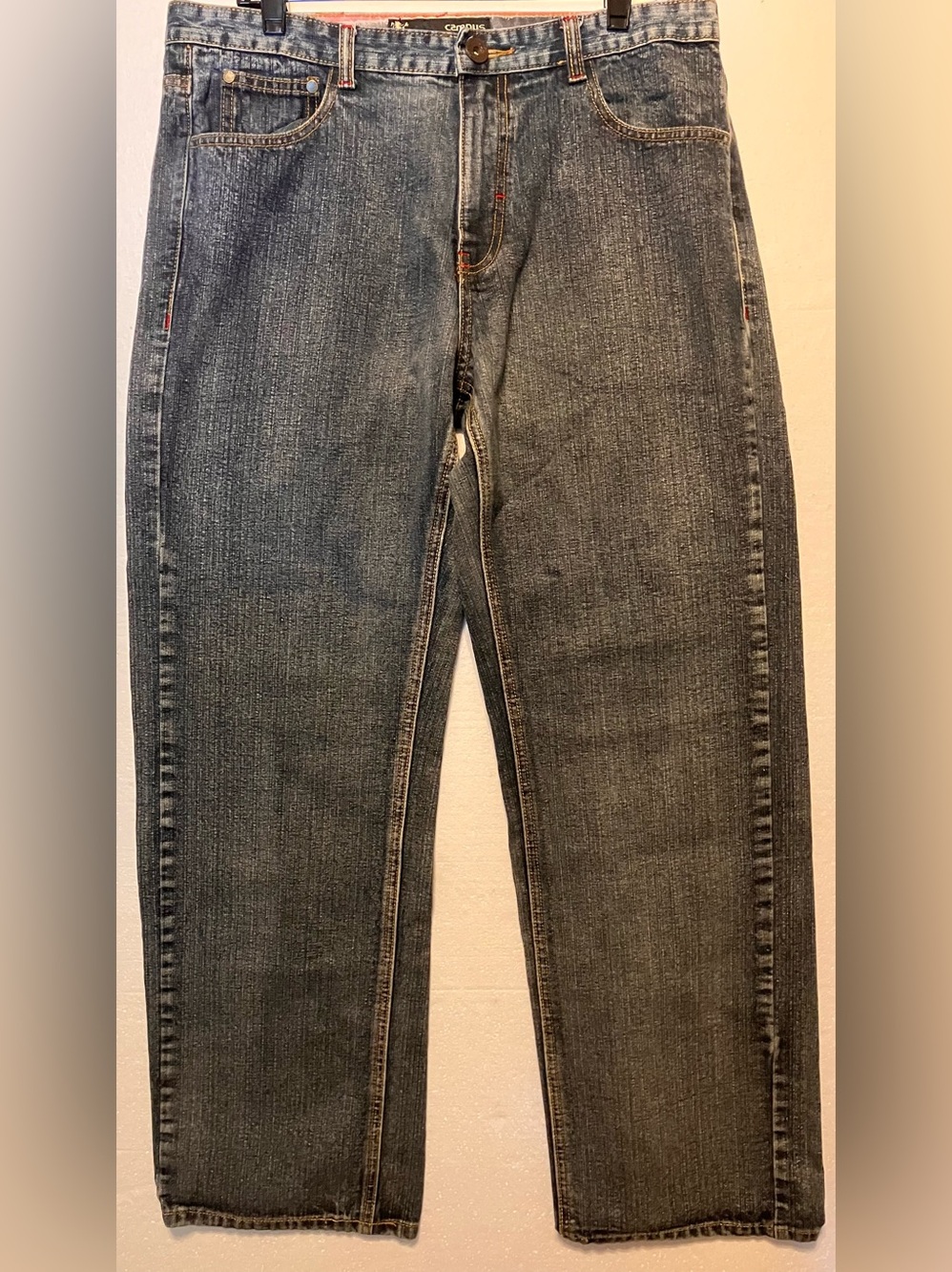 Campus Men's Dark Blue 34x30 Straight-Leg Jeans with distressed Aztec design